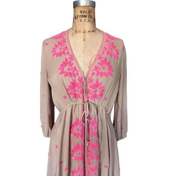 FREE PEOPLE Taupe Maxi Dress with Pink Floral Embroidery Size S - Picture 2 of 12